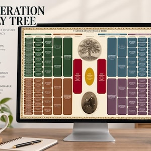 May include: A digital 7-generation family tree template displayed on a computer monitor. The chart features a central tree illustration, a vintage photograph, and color-coded sections in green, red, blue, and purple for organizing ancestral data.