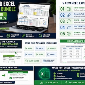 Könnte beinhalten: Ein Advanced Excel Formula Bundle mit fünf funktionierenden Excel-Dateien, die INDEX-, MATCH-, INDIRECT-, OFFSET- und SUMIF-Funktionen enthalten. Das digitale Produkt umfasst Lernbeispiele, Tabellenkalkulations-Screenshots und technische Anleitungen für Anwender.