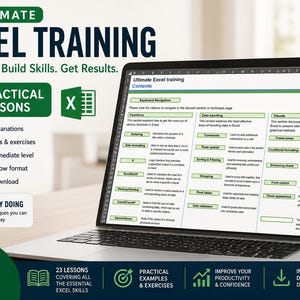 May include: A laptop screen displaying an Ultimate Excel Training course with 23 practical lessons. The interface shows a table of contents with sections for functions, data handling, and visuals, including buttons for navigation and clear text descriptions.