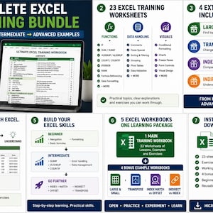 Excel Training Bundle for Beginners and Intermediate Users with Exercises and Formula Examples