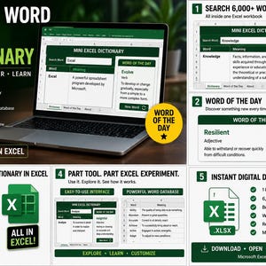 May include: A digital Excel workbook titled 6,000+ Word Excel Dictionary displayed on a laptop screen. The interface features a search bar, word definitions, and a Word of the Day section. The product is a downloadable file in .xlsx format.