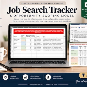 May include: A digital job search tracker and opportunity scoring model displayed on a laptop screen, featuring a spreadsheet with columns for company, rating, revenue, employees, country, and focus, alongside a scoring table and text.