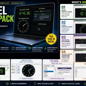 Excel Geek Pack with Digital and Analog Clock Dictionary and Conditional Formatting Experiments