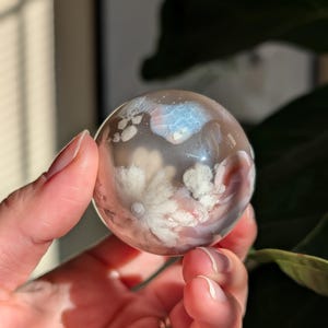 May include: A clear, spherical crystal ball with internal patterns of white, gray, and pink, resembling clouds or flowers. The sphere is held in a hand, with a green plant in the background. The crystal ball is a decorative item.