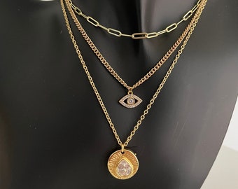 Evil Eye Necklace, Layering Chain Necklaces, Paperclip Chain Necklace, Layering Necklaces, Moon and Stars Necklace, CZ Charm Necklace
