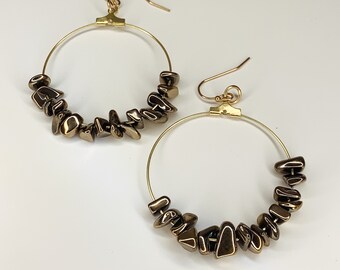 Champagne Gold Hematite Hoop Earrings, Semi Precious Stone Earrings, Power Hoops, Spiritual Earrings, Genuine Natural Gemstone, Boho Jewelry