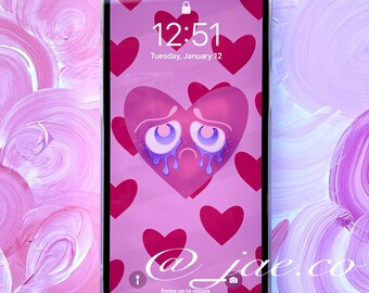 Light pink "Love Sick" crying heart with Dark pink background digital wallpaper screensaver phone background
