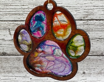 Dog Paw Suncatcher – Faux Stained Glass Epoxy Wood Art | Handmade Window Decor | Pet Lover Gift