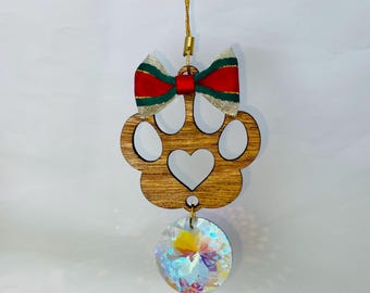 Schleifenband Pfotenabdruck Ornament mit Kristall Sonnenfänger | Hundeliebhaber Geschenk | Handgemachte Hartholz Dekoration