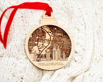 Philadelphia Pennsylvania Skyline Map Ornament - Unique Travel Themed Christmas Gift, City Souvenir, and Personalized Keepsake