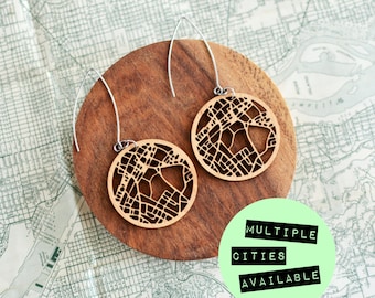 City Map Earrings, Custom Wood Earring, City Map Art, Personalized Jewelry Gift, Lightweight Earring, Handmade Earring, Round Souvenir