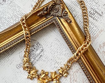 Vintage Monet Gold Leaf Necklace Sculptural Statement Collar 1980s Chunky Choker Sculptural Jewelry
