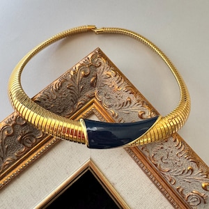 Vintage Signed MONET Cleopatra Collar Necklace • Gold-Tone Omega Choker w/ Black Enamel Crescent • 1980s Statement Chunky Chain