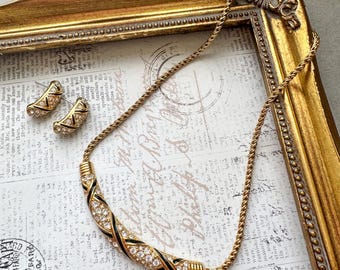 Vintage Swarovski Swan Crystal Necklace Bracelet Earrings Set Gold Tone Statement Jewelry
