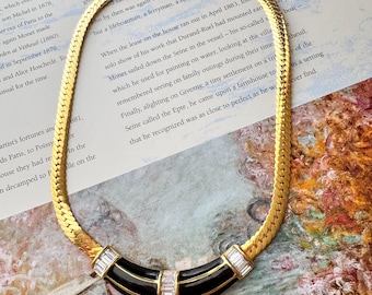 Collana girocollo vintage Swarovski SAL in smalto nero e oro con cristalli baguette.