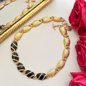 Vintage Anne Klein Gold Tone Black Enamel Link Collar Necklace • 1980s Chunky Statement Designer Choker • Signed Modernist Jewelry Gift
