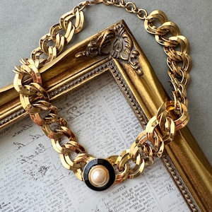 Vintage Monet dikke gouden ketting ketting zwart emaille parel cabochon dikke statement kraag