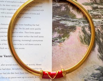 Vintage Monet Red Enamel Collar Necklace 1980s Gold-Tone Tubogas Choker Statement Costume Jewelry