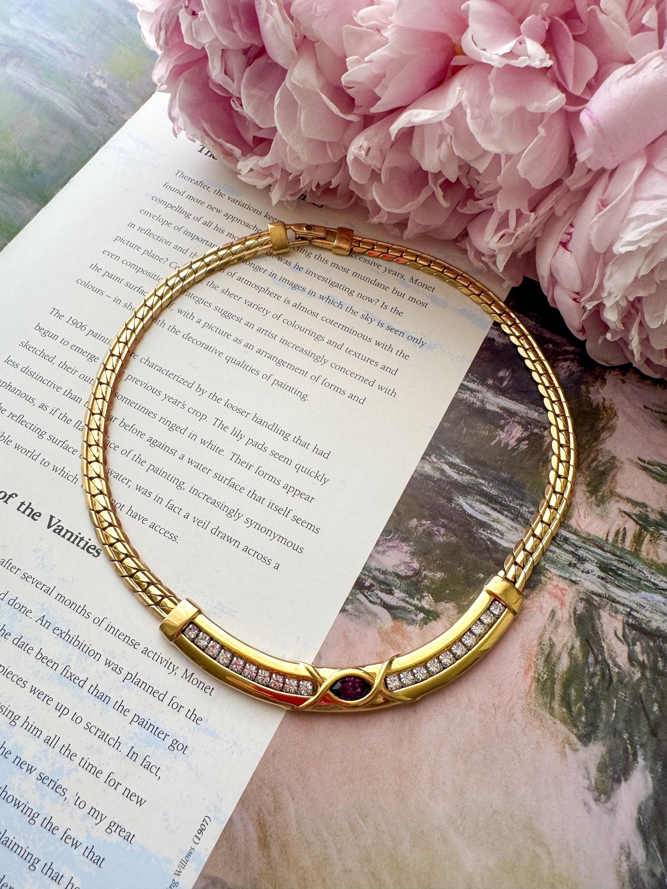 Vintage SAL Gold Collar Necklace Red Cabochon Statement