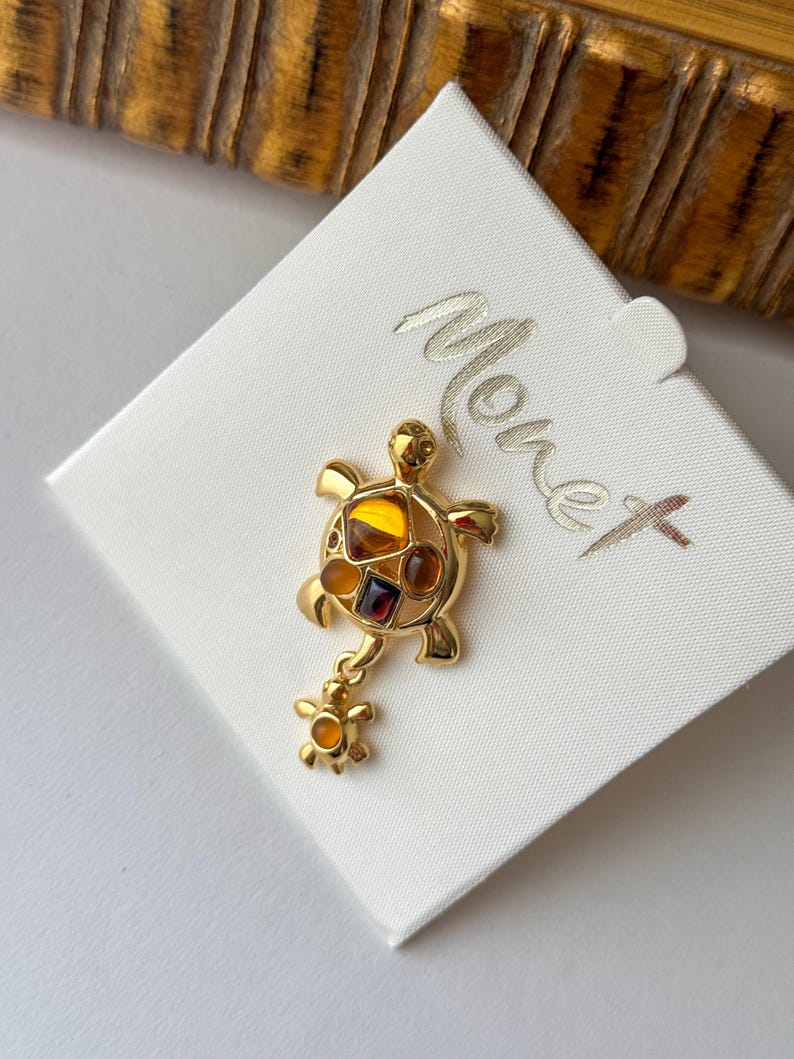 Windshield Turtle Shell Vintage Monet Turtle Brooch Mother Baby Turtle Pin Amber Glass Cabochon ...