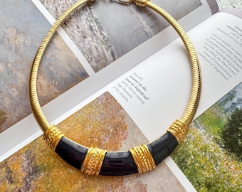Vintage Monet Omega Tubogas Collar Necklace Gold Black Enamel 1980s Statement Choker