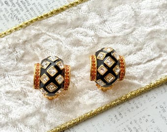 Vintage Joan Rivers Emaille Strass Ohrringe Schwarz Gold Clip-Ons 1980s Couture Statement Schmuck