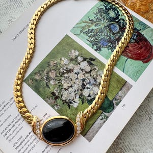 Vintage Trifari Gold Tone Chain Necklace Black Cabochon Rhinestone Statement Choker Collar