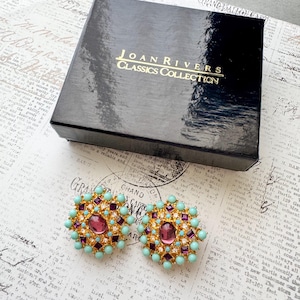 Orecchini della collezione Joan Rivers Classics - Gioielli vintage con clip, perline di cristallo turchese color oro, regalo di design audace