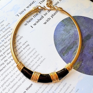 Vintage Monet Gold Tone Collar Necklace with Black Enamel and Ribbed Wrap Accents | 1980s Statement Choker Jewelry Gift for Her
