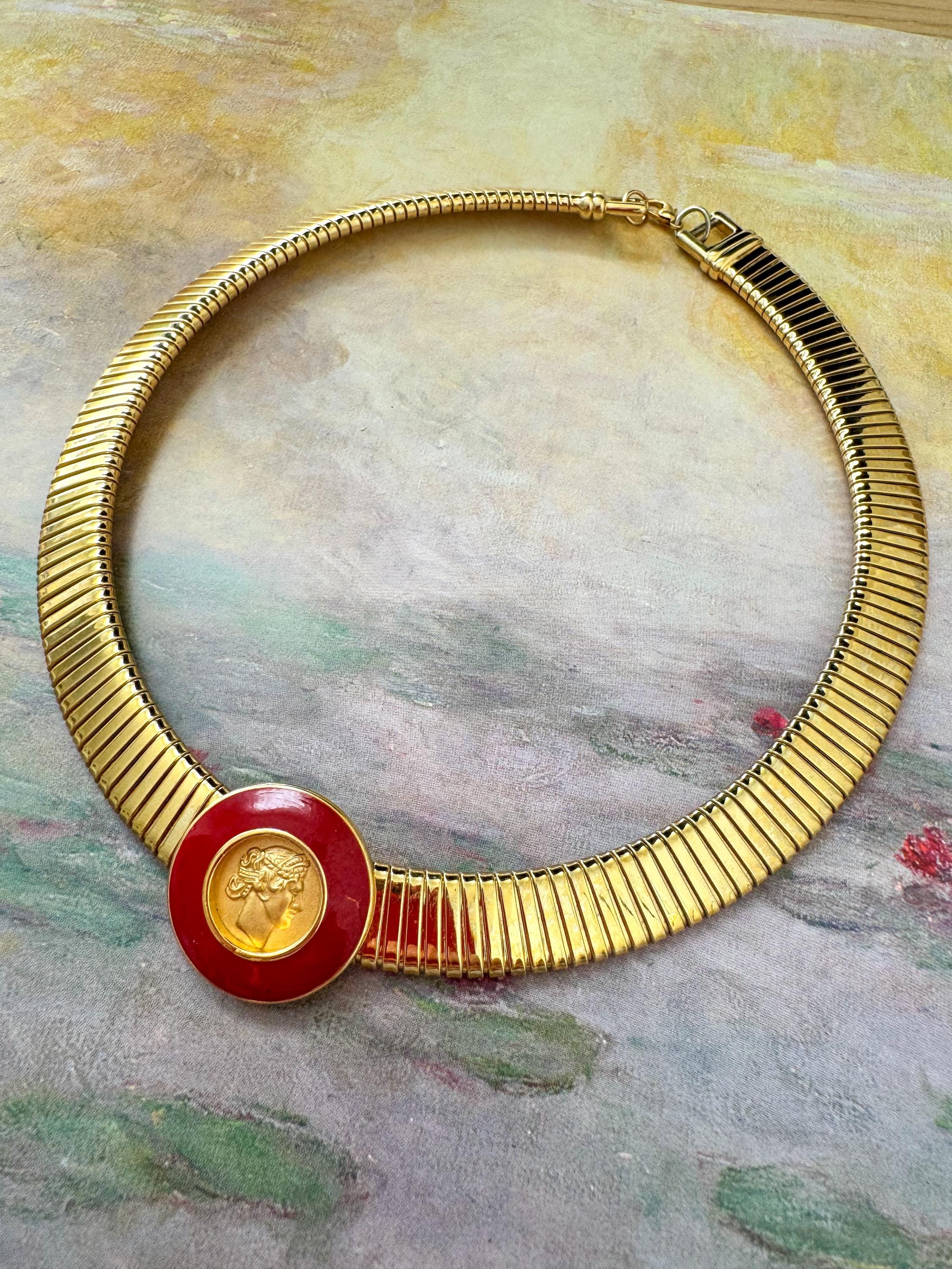 Vintage Monet Greek Coin Necklace Red Enamel Gold Omega Choker Statement Collar Roman Head Medallion 80s Runway Bold Jewelry RARE