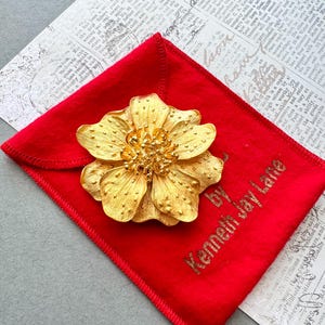 Vintage KJL Gold Flower Brooch by Kenneth Jay Lane | Textured Statement Floral Pin with Original Box & Pouch | Bold Designer Costume Jewelry