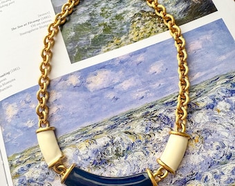 Vintage Monet Necklace Gold Tone Navy Blue Ivory Enamel Statement Collar Nautical Chain Choker