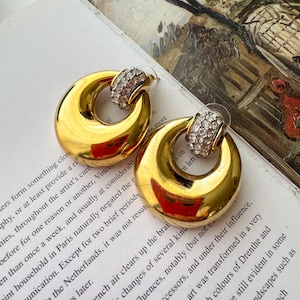 Vintage Givenchy Gold Doorknocker Pierced Earrings Crystal Pavé Designer Statement Runway Jewelry