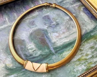 Vintage Monet Omega Collar Necklace Gold Cream Enamel Choker Statement Tubogas Collectible Jewelry