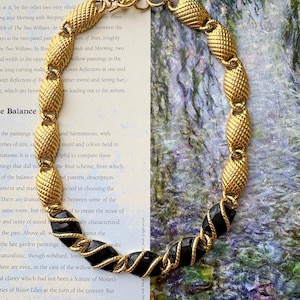 Vintage Anne Klein Black Gold Necklace 80s Statement Collar Chunky Textured Link Designer Jewelry