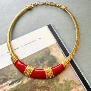 Vintage Monet Red Enamel Collar Necklace – Gold Tone Snake Chain Statement Necklace – 16” Bold 1980s Designer Jewelry, Mint