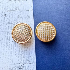 Vintage Swarovski Clip-On Earrings – Swan Signed Goldtone with Clear Pave Crystals – Large Round Statement Earrings – 1980s Glam