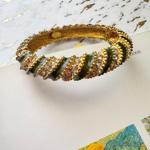 Vintage KJL Bracelet Kenneth Jay Lane Green Enamel Rhinestone Gold Tone Signed Clamper Bangle bracelet cuff  Statement Jewelry Gift for Her