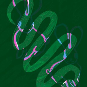 Pode incluir: Impressão digital de arte abstrata com um design de redemoinho verde e rosa. O design se assemelha a uma cobra ou uma videira. A assinatura do artista é visível no canto inferior esquerdo.