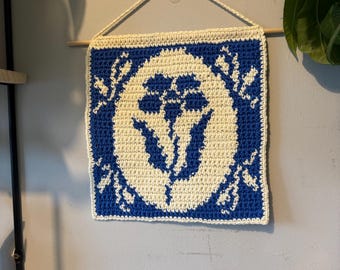 Crochet Floral Tapestry – Blue and Cream Wall Hanging Art