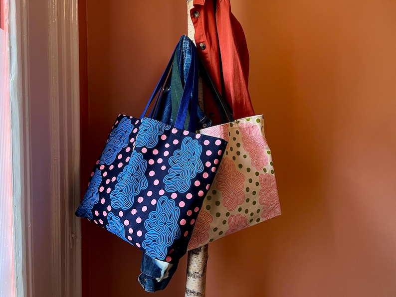 Bolso tote de lona 100% algodón - Azul, diseño artístico original dibujado a mano imagen 4