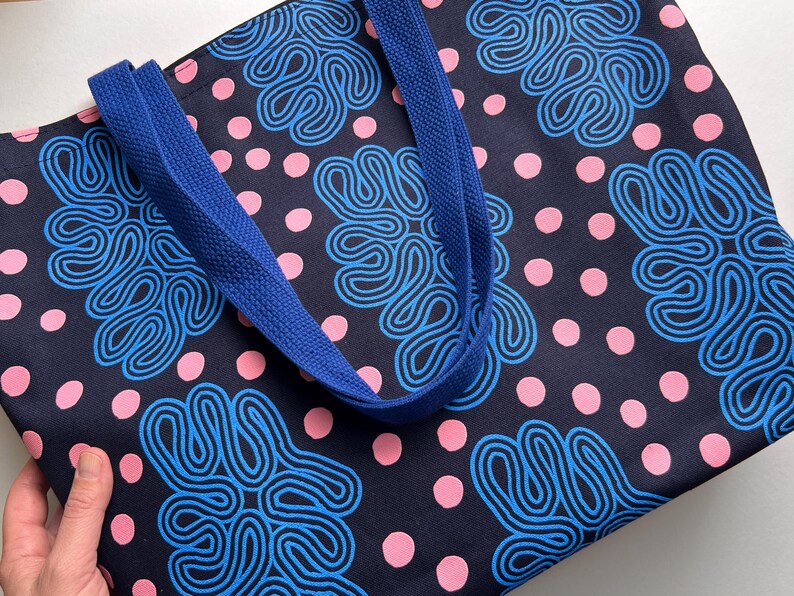 Bolso tote de lona 100% algodón - Azul, diseño artístico original dibujado a mano imagen 5