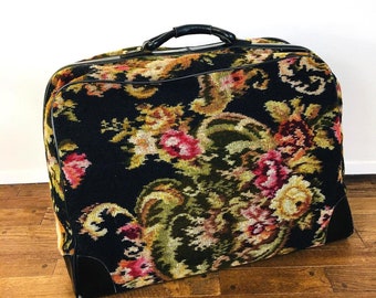 Vintage 1960s NEEDLEPOINT / FLORAL TAPESTRY Carpet Bag Koret Suitcase / Luggage Bag