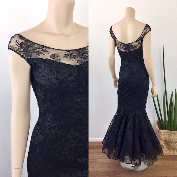 Vintage 1950s BARBIE Style Black LACE MERMAID Glamour Goddess Bombshell Dress