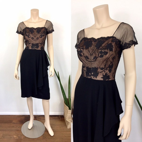 1950s Vintage SHEER Black LACE ILLUSION Faux Sarong Draped Hip Wiggle Cocktail Dress