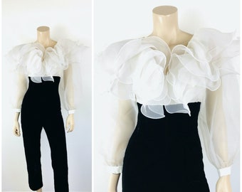 Vintage 1960s WHITE RUFFLED ORGANZA & Black Velvet CatSuit / Jumpsuit