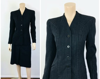 Vintage 1940s STRIPED Black & Grey Big Shoulder Skirt and Jacket Suit