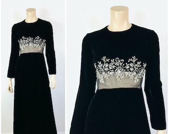 Vintage 1960s RHINESTONE & SEQUIN BEADED Black Velvet Formal Evening Dress / Malcolm Starr Style