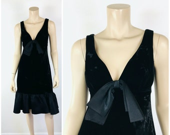 Vintage 1960s BLACK VELVET & RUFFLED Satin Deep V Neck Party / Cocktail Dress