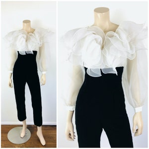 Vintage 1960s WHITE RUFFLED ORGANZA & Black Velvet CatSuit / Jumpsuit